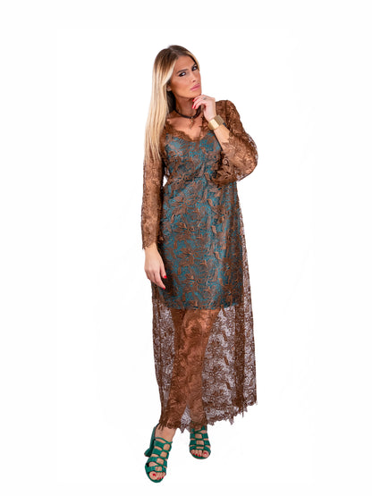 Abito Capri in pizzo francese laccatto effetto pelle CIOCCOLATO