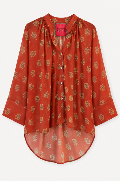 Camicia coreana KIKI in chiffon fantasia color tabasco