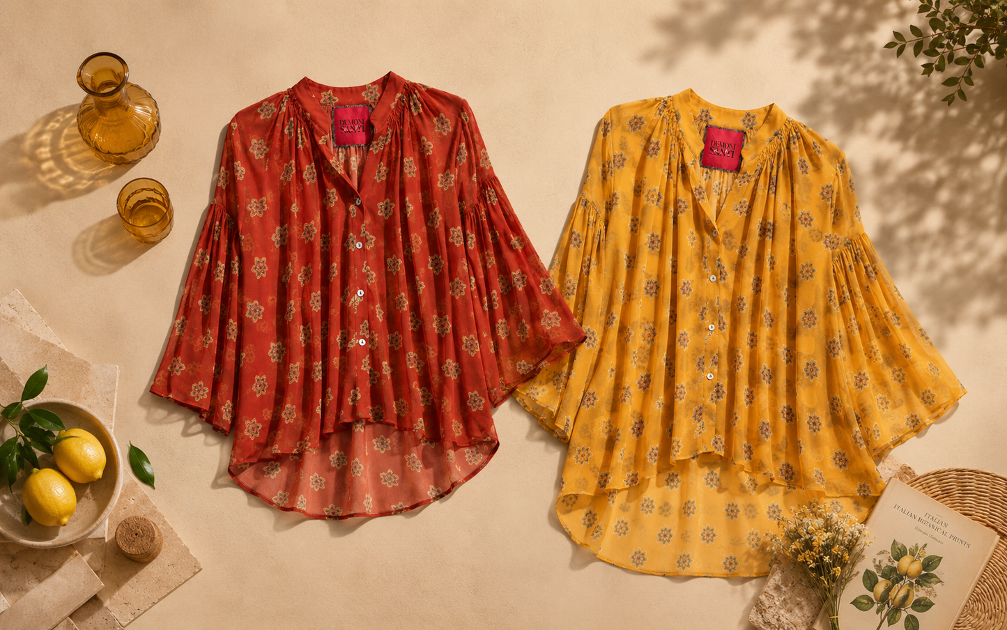 Camicia coreana KIKI in chiffon fantasia color GIALLO ZAFFERANO