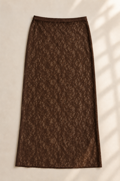 Gonna lace in merletto elasticizzato cioccolato